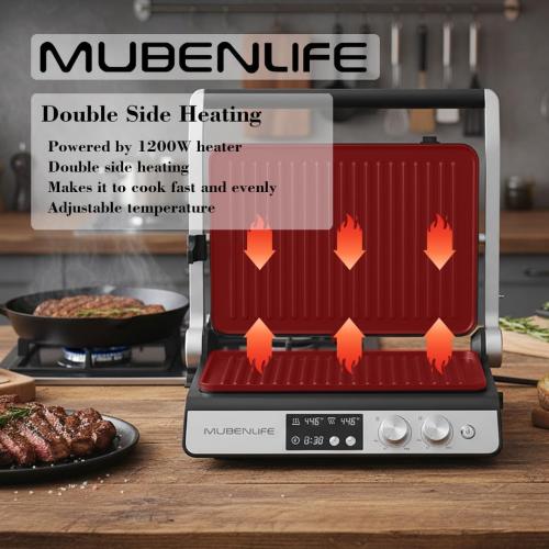 Panini Press,4 Slices Contact Grill with Removable Non-Stick Coated Grill and Flat Plates,Panini Makers with Temperature Control and Timer,Open 180 Degrees,Grill and Griddle (Half black with digital)