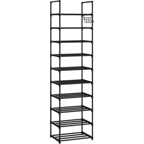 Narrow Shoe Rack 10 Tiers Tall Shoe Rack for Entryway 20 24 Pairs Shoe & Boots Organizer Storage Shelf Durable Black Metal Stackable Shoe Cabinet with Hooks, 17.1D x 11.8W x 78.7H in