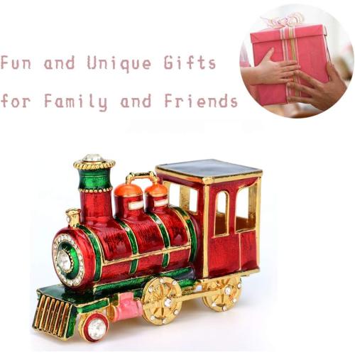 Mini Steam Train Jewelry Trinket Box Hinged Enameled Crystal Ornaments Gift for Home Decor
