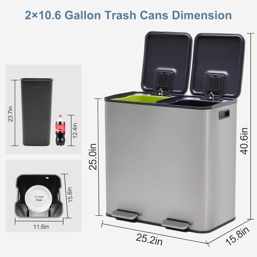 DUMOS 2 x 10.5 Gallon Kitchen Trash Can with Lid, Stainless Steel Garbage Can with Soft-Close Lid & Removable Inner Buckets, Dual Compartment Step-on Waste Bins for Kitchen, Home Office
