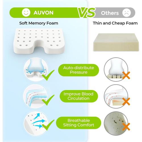 AUVON Wheelchair Seat Cushions (18x16x3) for Sciatica, Back, Coccyx, Pressure Sore and Ulcer Pain Relief, Memory Foam Pressure Relief Cushion with Removable Strap, Breathable & Waterproof Fabric