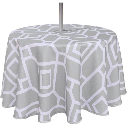 LUSHVIDA Moroccan Outdoor Round Tablecloth with Umbrella Hole and Zipper, 60 Inch Silver, Waterproof Wrinkle Free Table Cloth Decorative Fabric Washable Table Cover for Patio, Party, Picnic
