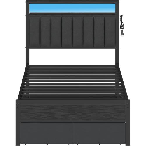 Furnulem Twin Bed Frames with Charging Station and LED Lights, Grey Upholstered Headboard with Shelves, Metal Platform Bed with 2 Under-Bed Storage (Fabric Drawer on Wheels), No Box Spring Needed
