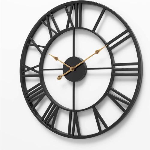 Size Large Color Black Industrial Wall Clock with Roman Numerals, Indoor Silent Non-Ticking Retro Clock, Vintage Metal Decorative Black Metal Art Clock Battery Operated for Home Kitchen Cafe Hotel Office Decor,1