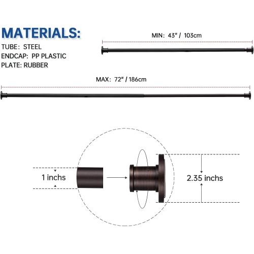BRIOFOX Industrial Shower Curtain Rod - Never Rust Non-Slip 43-72 Inch Stainless Steel, Bronze, Painted-gold Finial