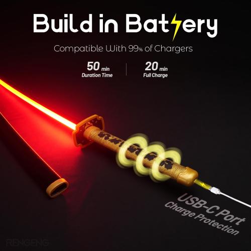 RENGENG Light Up Sword, 40 Inches Rechargeable Plastic Replica with Belt & Stand, Sword with Original Texture