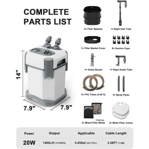 fishkeeper Self-Priming Quiet Canister Filters for Aquarium, 20W (1400L/H) | Mutil-stage Biochemical External Fish Tank Filter with 3-Way Flow Control, Easy Cleaning & Water Circulation for 5-45 Gallon