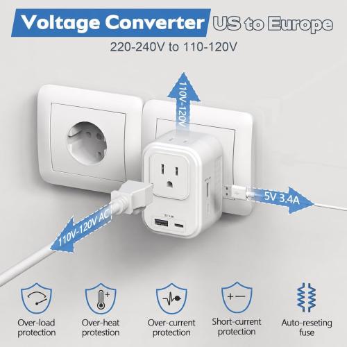 Voltage Converter for European Travel: 220V to 110V Converter US to Europe, Plug Adapter with Fast Charge 2 USB C, 2 USB A & 2 Outlets, Universal Travel Essentials for France Germany Italy Spain, etc