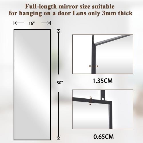 16 x 50 Adjustable Height Over The Door Mirror - Rectangular Full Length Hanging Door Mirror with Shatterproof Tempered Glass Black Metal Frame for Dormitory