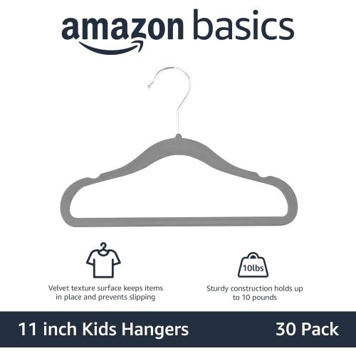 Amazon Basics Kids Velvet, Non-Slip Clothes Hangers (baby/toddler), 11.6 inches (for baby clothes), Pack of 20, Gray