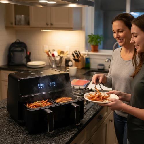 NutriChef Double Basket Air Fryer 8.8 QT | Family Size Oil Free Digital Cooker with Transparent Window | 9-1 Preset Cooking Options | 360° Hot Air Circulation Technology | 4.4 QTs per Basket | Black