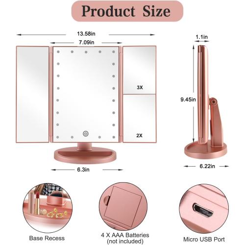 Tri-fold Lighted Vanity Makeup Mirror with 3x/2x Magnification,21 LEDs Light and Touch Screen,180 Degree Free Rotation Countertop Cosmetic Mirror,Travel ***(Rose Gold)***