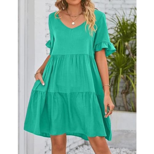 Size XXL AHAIJ Womens 2023 Summer Casual V Neck Babydoll Dress Short Sleeve Tiered Ruffle Pockets Plain Flowy Swing Mini Dress