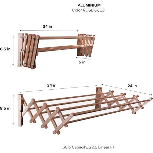 Racks Aluminum Wall Mounted Collapsible Laundry Clothes Drying Rack (60lb Capacity, 22.5 Linear FT, Aluminum Rose)