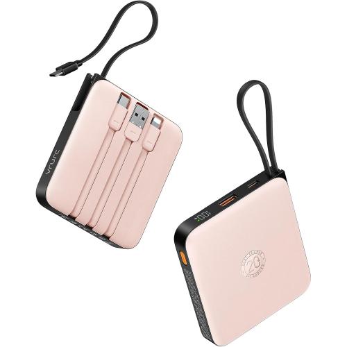 VRURC Mini Portable Charger, 22.5W USB C Fast Charging 10000mAh Pocket Power Bank with Built-in Cable, Battery Pack for iPhone 16 15 14 13 Samsung Galaxy S23 S22 Google Android, Pink(1 Pack)