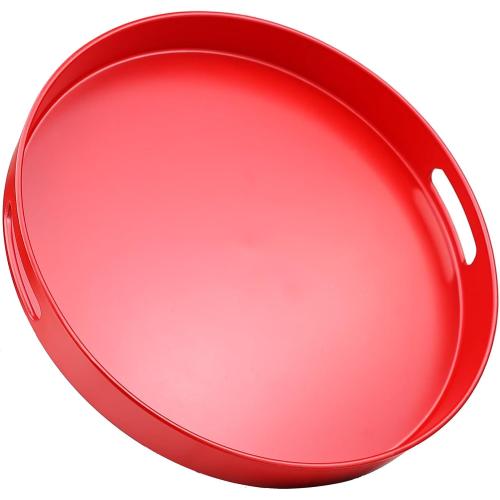 Round Red Decorative Serving Tray with Handles, 13” Versatile Ottoman Tray for Coffee Table, Entertaining, Outdoor Patio, Living Room