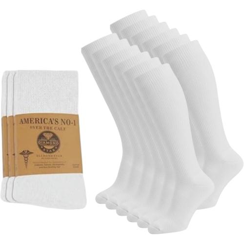 Diamond Star 12 Pairs Diabetic Knee High Socks for Men – Over the Calf Cotton Socks, Non-Binding Comfortable Fit – Men’s Shoe Size 12–14 (12 Pairs White)