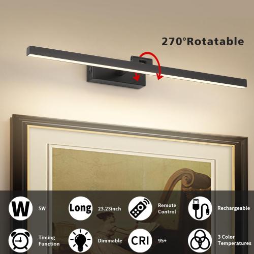 Joosenhouse Battery Operated Picture Light, Wireless Gallery Light with Remote Control and Timer Off, 10000mAh Rechargeable Painting Art Light, 23.23 Inch Dimmable Black Wall Sconce