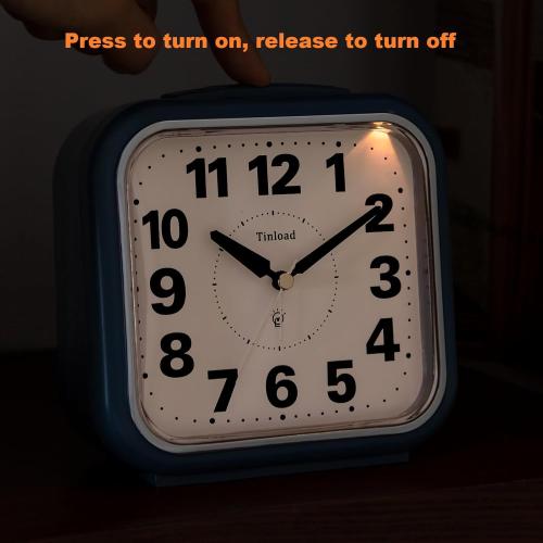 5.5 Large No Ticking Analog Alarm Clock,Silent Readable for Seniors,Easy to Set,Gradual Rise Alarm,Big Numbers,Gentle Wake,Snooze, Lighted on Demand,Battery Operated,Blue
