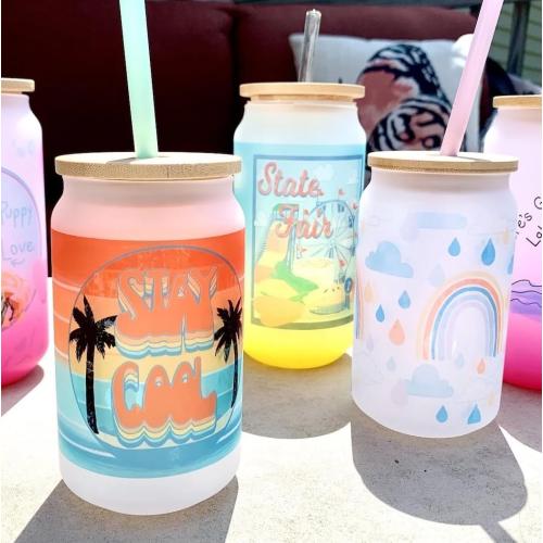 Frosted Sublimation Glass With Bamboo Lid, Cups With Straws 16OZ Tumbler, Beer Can Glass Blanks 8Pack