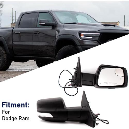 For Dodge Ram 1500 2019-2022 Door Mirror Assembly with Painted Black Back Cover Power Heated Manual Folding with Turn Signal Light Puddle Light Blind Spot Glass 9P Right Passenger Side (W/O Camera)
