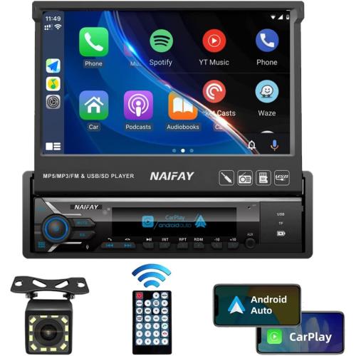Naifay Single Din Touchscreen Car Stereo with Carplay & Android Auto, 7inch Flip Out Screen Car Stereo with Bluetooth Car Audio Receivers, Backup Camera, FM Radio/Mirror Link/USB/AUX/TF/Subwoofer