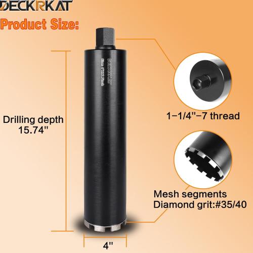 4 Diamond Core Drill Bit with 17-3/4 Total Length, 1-1/4-7 Thread, Laser-Welded Segments for High-Performance Drilling Cured Concrete, Brick, Stone, Masonry Walls and Floors