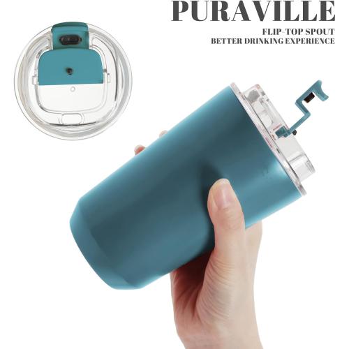 Puraville Insulated Tumblers with Lid, 14 oz Travel Coffee Mug Stainless Steel Vacuum Cup, Leak Proof Reusable Double Walled Coffee Tumbler for Iced and Hot Drinks, Peacock Blue