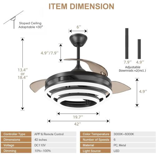 TXCSLY Retractable Ceiling Fan, 42 Inch Chandelier Ceiling Fans with Light, Modern Fandelier Ceiling Fan for Bedroom Living Room Dinning Room, Reverse Motor, 3 Color Temperature, 6 Wind Speed-Black