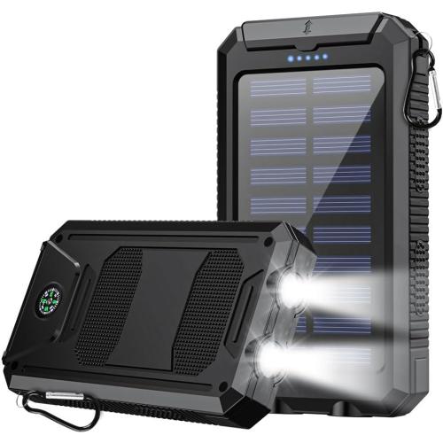 10000mAh Solar Power Bank with Type-C & Dual USB Ports for iPhone、Samsung & More，Shockproof, Dustproof, with Compass & LED Light,Safety Protections,Perfect for Outdoor & Daily Commute (Black)