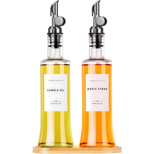 Olive Oil Dispenser Bottles for Kitchen with Bamboo Tray, Oil and Vinegar Dispenser Set, Coffee Syrup Dispensers, Glass Dispensers for Kitchen, Dispenser Bottle of 300ml - Set of 2 Black