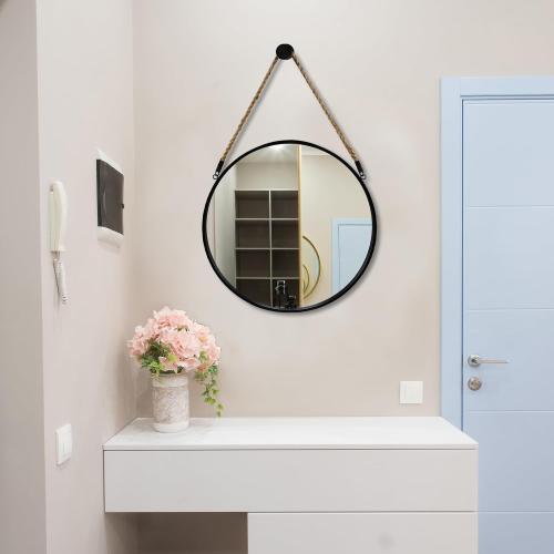 POZINO Round Hanging Mirror, 20 Rope Wall Mirrors Decorative, Black Metal Frame Circle Mirrors, Farmhouse Wall Mounted Mirrors for Bathroom, Bedroom, Living Room, Entryway, Home Decor