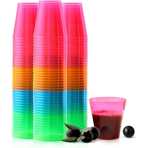 250 Pack 2oz Disposable Hard Plastic Cups Shot Glasses, Jello Cups, Iridescent Neon Birthday Christmas Party Supplies