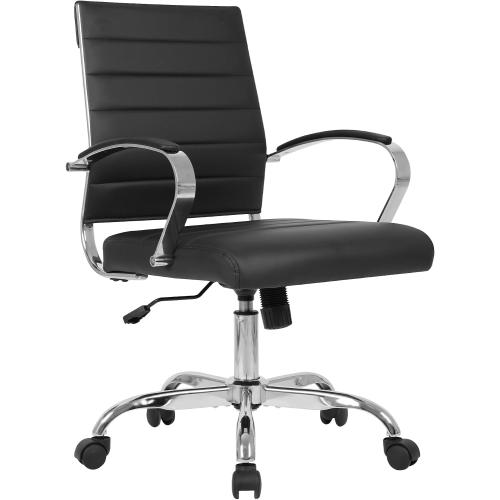 LANDSUN Home Office Chair Mid Back Desk Chair PU Leather Ribbed Executive Swivel Computer Chair with Wheels and Armrests Soft Padded Adjustable Height Conference Task Black