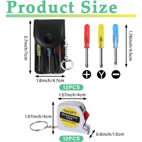 Mini Screwdriver Keychain Tape Measure Keychains Set Retractable Keychain Tape Measure Mini Screwdrivers in Pouch Keychain for Birthday Party Favors and Daily Use, 1 m/ 3 ft (24 Pcs)