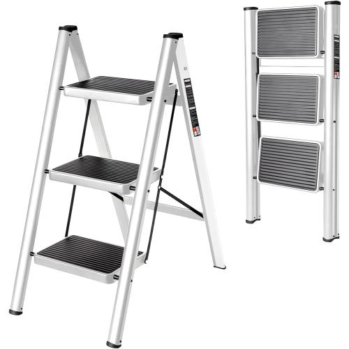 3 Step Ladder with Anti-Slip and Wide Pedal 330lbs Capacity Folding Step Ladder for Household Kitchen Office(White-P, 3 Step Ladder)