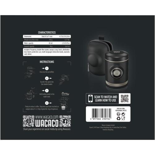 BLACK WACACO Picopresso Portable Espresso Maker Bundled with Protective Case, Pro-level Specialty Coffee Machine, Compatible Ultra-fine Grind, Manually Operated Travel Coffee Maker