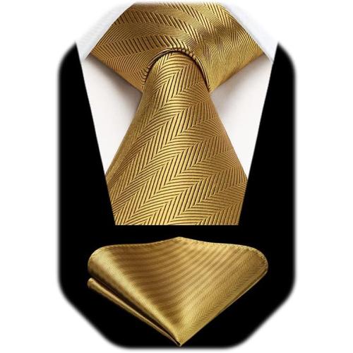 Color Gold HISDERN Mens Ties Striped Ties for Men Formal Tie and Pocket Square Set Necktie for Wedding Business Graduation