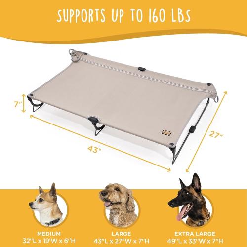 Daisy Cot, Large Foldable Elevated Dog Bed, Portable Raised Outdoor Folding Dog Cot, Cooling, Chew Proof, Waterproof, Heavy Duty Up to 160 Lbs for Camping/Home, Tan, 43x27x7”