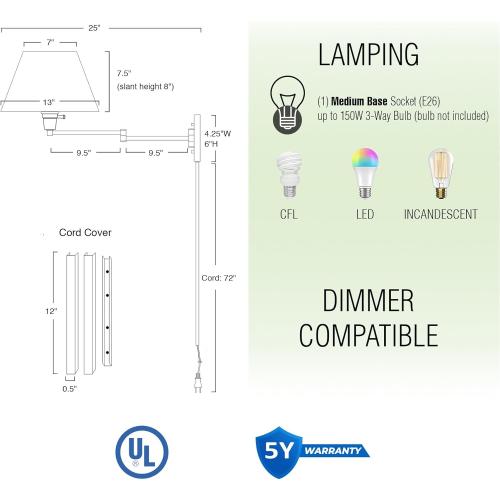 Modern Swing Arm Wall Sconce   3-Way Switch, 2-Pack | White Empire Fabric Shade, 2-in-1 Plug In or Hardwired Bedroom Wall Lamp, Satin Nickel Finish