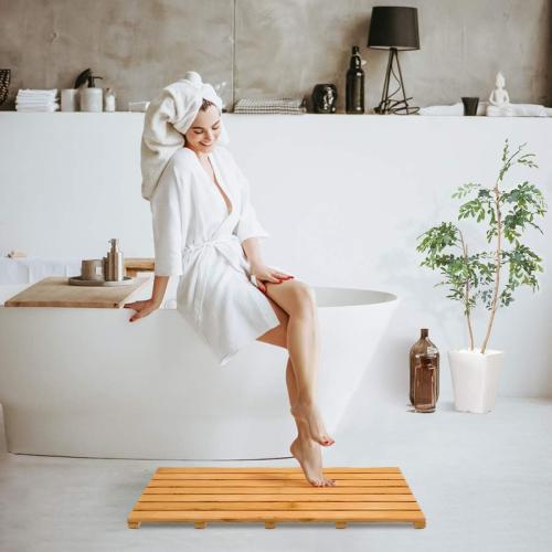 Bamboo Wooden Bath Floor Mat for Luxury Shower - Non-Slip Bathroom Waterproof Carpet for Indoor or Outdoor Use