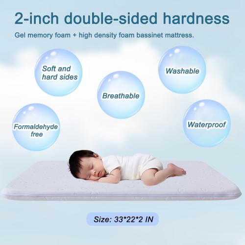 Baby Bassinet Mattress Pad, 33 x 19 x 2 Dual Sided Gel Memory Foam Mattress with Breathable Removable Soft Cover Fit for ANGELBLISS 3 in 1/BabyBond/Cowiewie/Jimglo Baby Bassinet