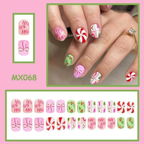 Christmas Press on Nails Candy Fake Nails Pink False Nail with Bow Design Holly Glue on Nails Glossy Full Cover Artificial Acrylic Short Oval Stick on Nail for Women Girls Xmas Manicure 24 Pcs