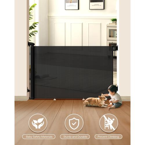 Extra Wide Baby Gate - 71 inch Retractable Mesh Gates for Large Opening, Extra Long Mesh Gate for Babies, Dogs, Baby Gate Anti-Crawling Hook for Stairs Hallways Doorway Indoor Outdoor, Black