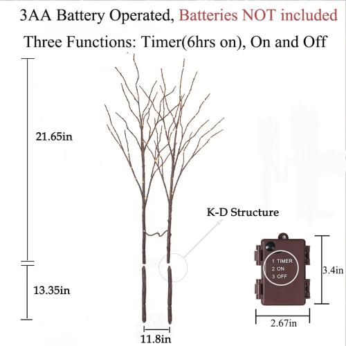Hairui Lighted Brown Branches Battery Operated with Timer 30IN 100 LED Fairy Lights, Willow Branch Lights for Home Bedroom Fireplace Christmas Holiday Decoration Indoor Outdoor Use (Vase Excluded)