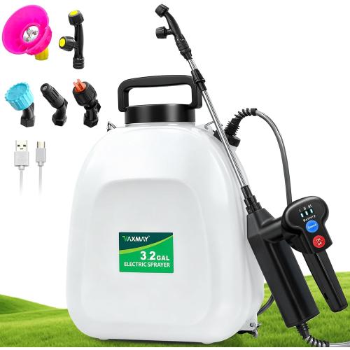 Battery Powered Sprayer 3.2 Gallon, Backpack Sprayer with 3 Adjustable Forces, Battery Indicator, 5 Mist Nozzles, 41 Retractable Wand, USB Rechargeable Garden Sprayer for Weed Lawn Yard