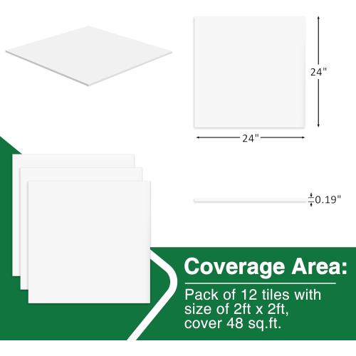 Smooth Drop Ceiling Tiles 2ft x 2ft for T-Bar Ceiling Systems – PVC Ceiling Tiles with No Sag, Waterproof & Fire-Rated – Easy Drop-in Replacement, White, 12-Pack (Covers 48 Sq. Ft)