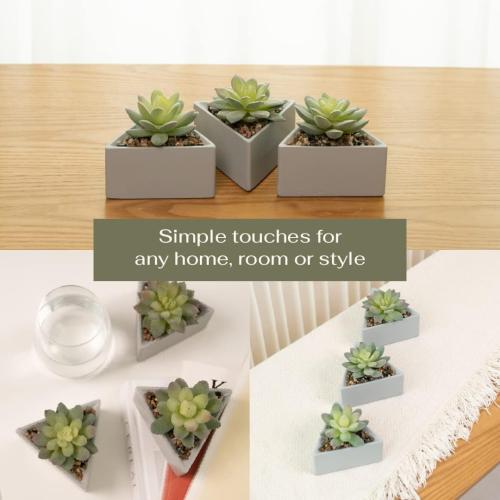 VIVERIE Small Fake Succulents in Pots, Mini Succulents Plants Artificial-3Pc, Green Artificial Faux Succulents for Home Decor Indoor/Room/Office Desk-Triangular Pot
