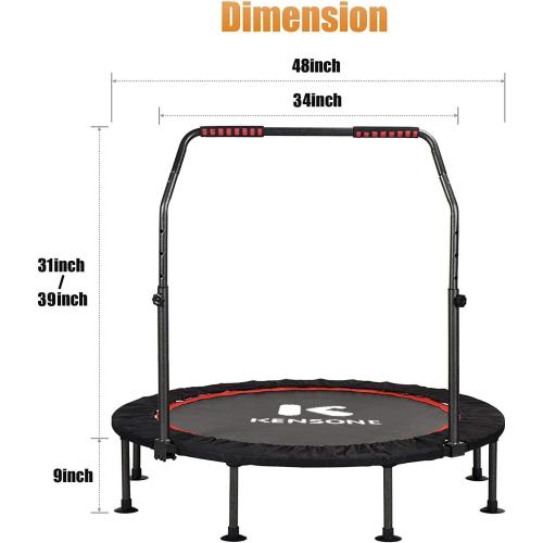 KENSONE 40/48 Foldable Mini Trampoline, Indoor Trampoline for Kids, Adults Indoor/Garden Workout, Fitness Rebounder with Adjustable Foam Handle, Max Load 330/450 lbs