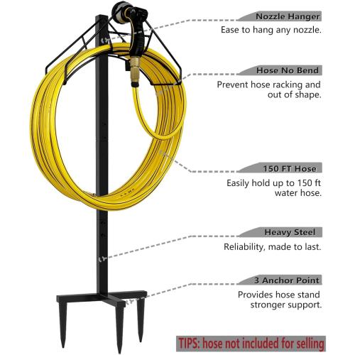 Freestanding Garden Hose Holder Hanger, Heavy Duty Metal Water Hose Reel Storage Stand Rack for Yard Lawn, Bright Black (Hose not Included)